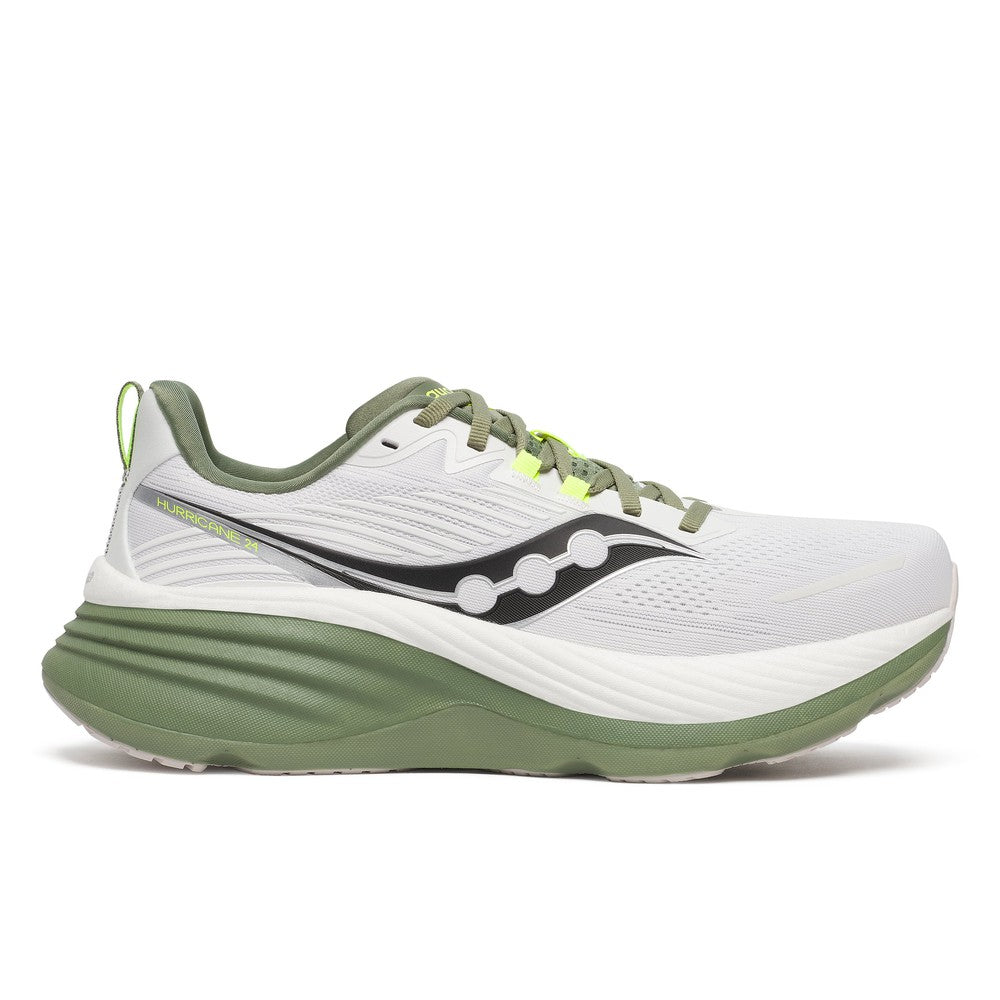 Side view on white background of Mens Saucony Hurricane 24 running shoe in White/Olivine, Medium (Regular) width