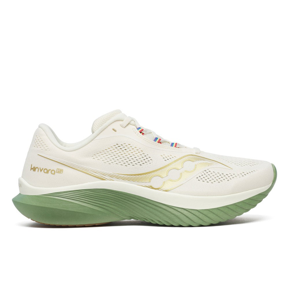 Side view on white background of Mens Saucony Kinvara 15 running shoe in Irish Cream, Medium (Regular) width