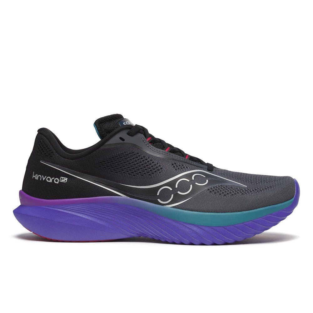 Side view on white background of Mens Saucony Kinvara 15 running shoe in Shadow/Storm, Medium (Regular) width
