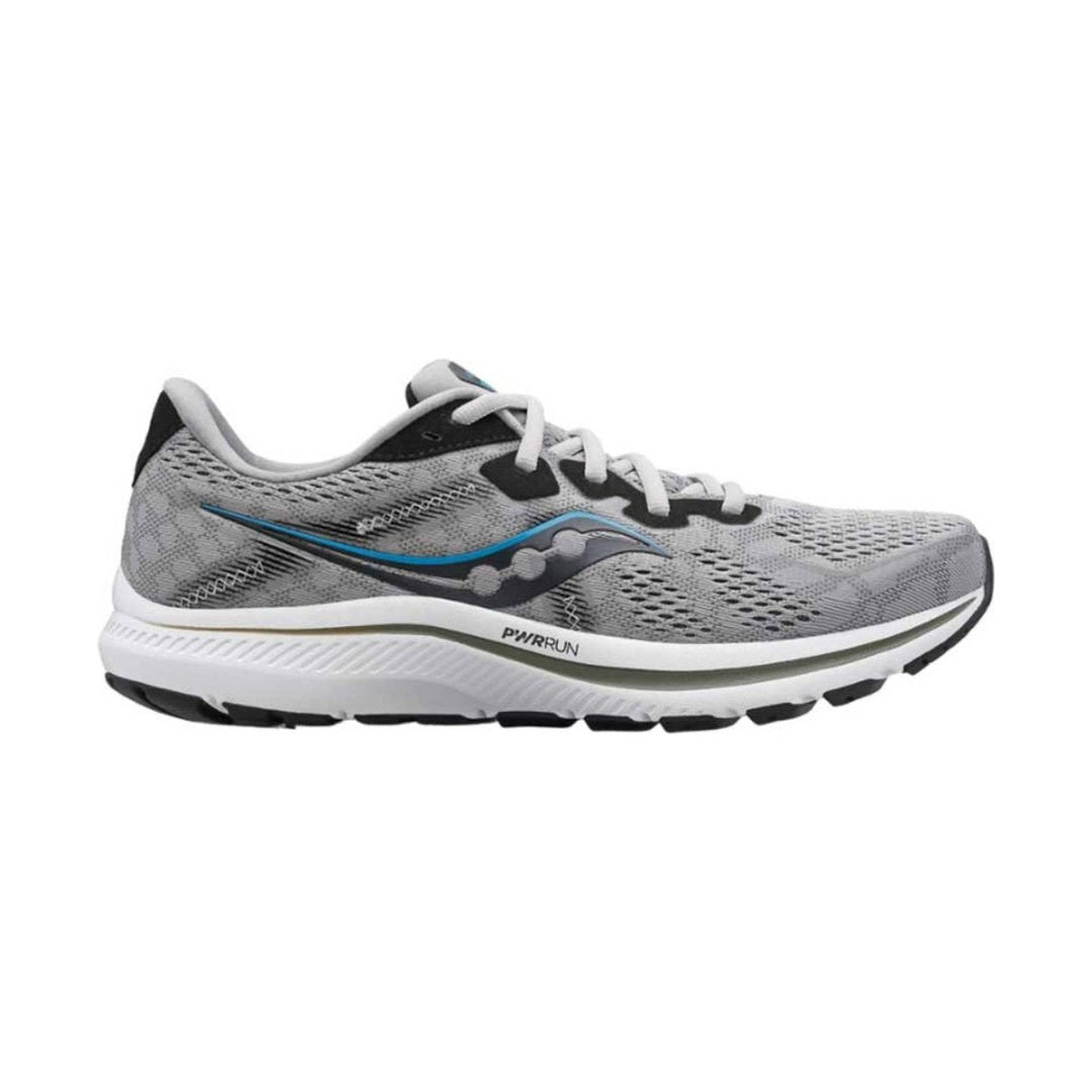 Side view on white background of Mens Saucony Omni 20 running shoe in Alloy and Topaz, Medium (Regular) width