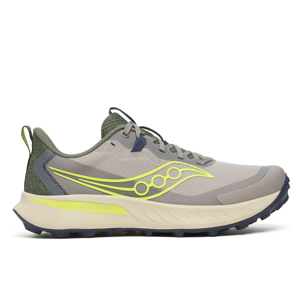 Side view on white background of Mens Saucony Peregrine 15 running shoe in Ridge/Olivine, Medium (Regular) width