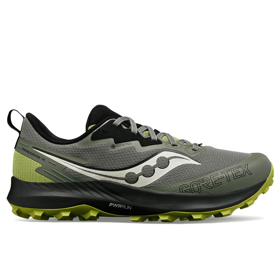 Side view on white background of Mens Saucony Peregrine 14 running shoe in Bough/Olive, Medium (Regular) width