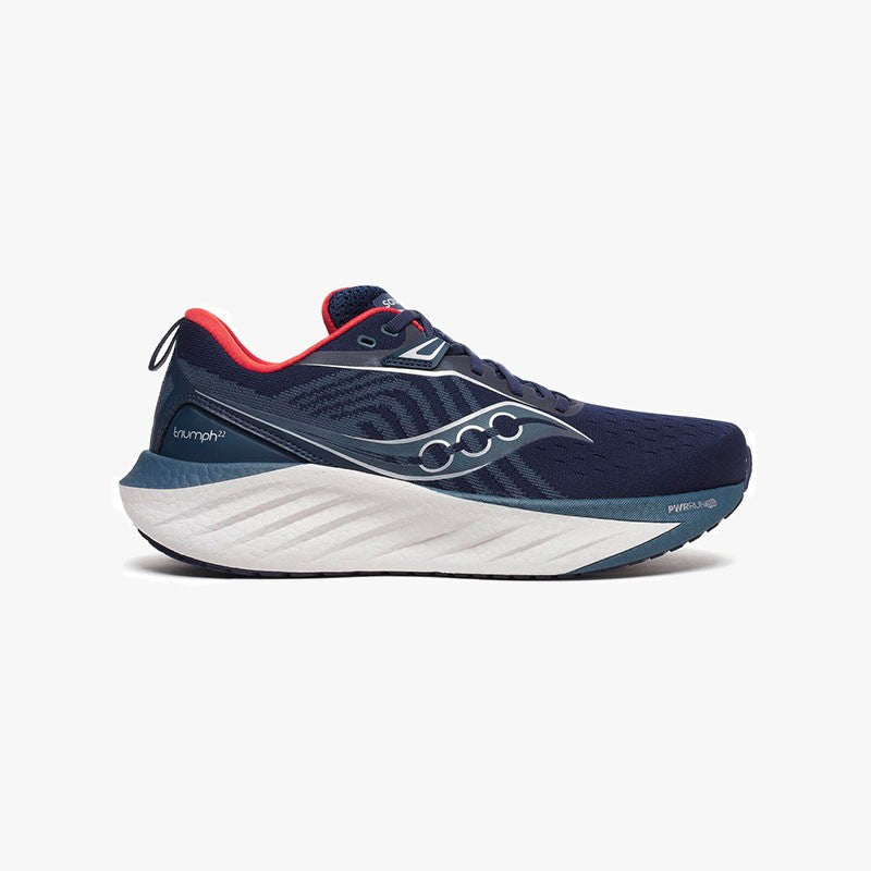 Side view on white background of Mens Saucony Triumph 22 running shoe in Navy and Dusk, Medium (Regular) width