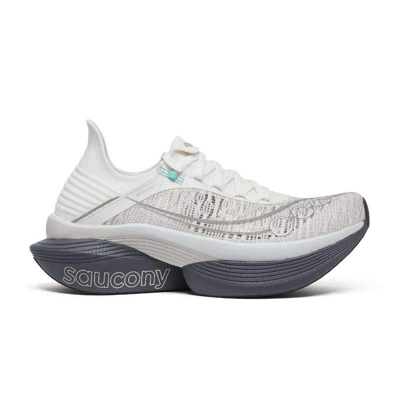 Side view on white background of Mens Saucony Endorphin Elite 2 running shoe in Fog/Cinder, Medium (Regular) width