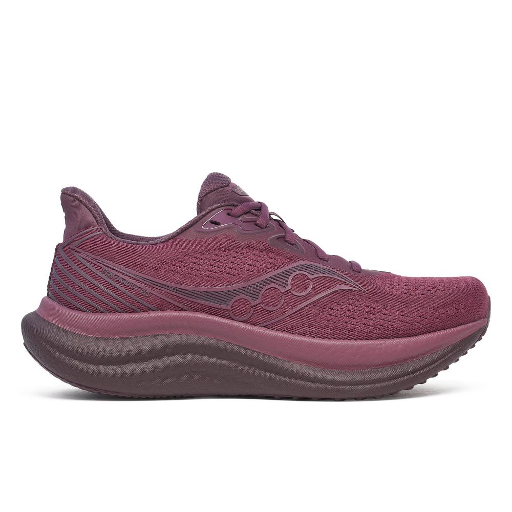 Side view on white background of Womens Saucony Triumph 23 running shoe in Terra/Wine, Medium (Regular) width