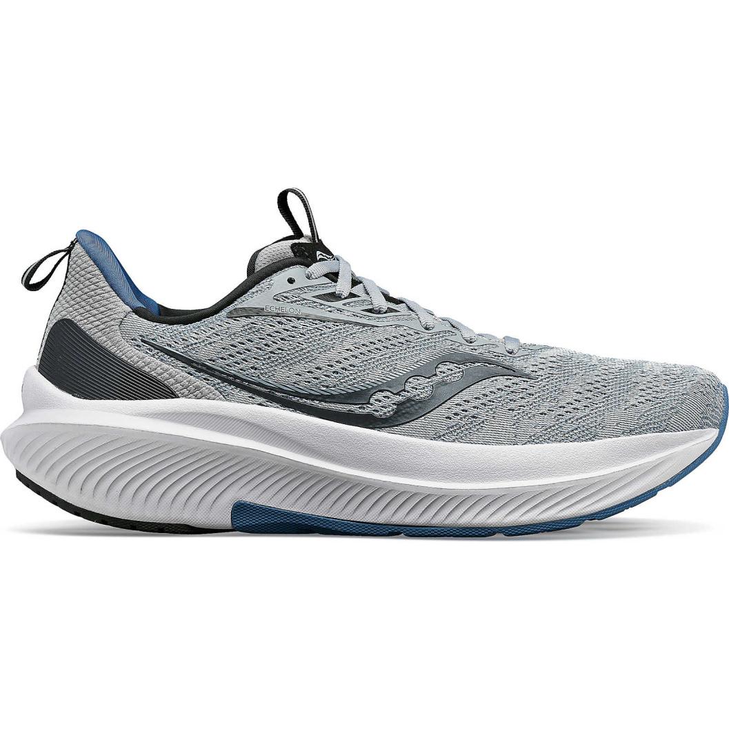 Side view on white background of Mens Saucony Echelon 9 running shoe in Fossil/Murk, Wide width