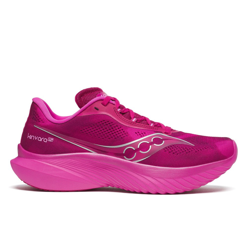 Side view on white background of Womens Saucony Kinvara 15 running shoe in Magenta/White, Medium (Regular) width