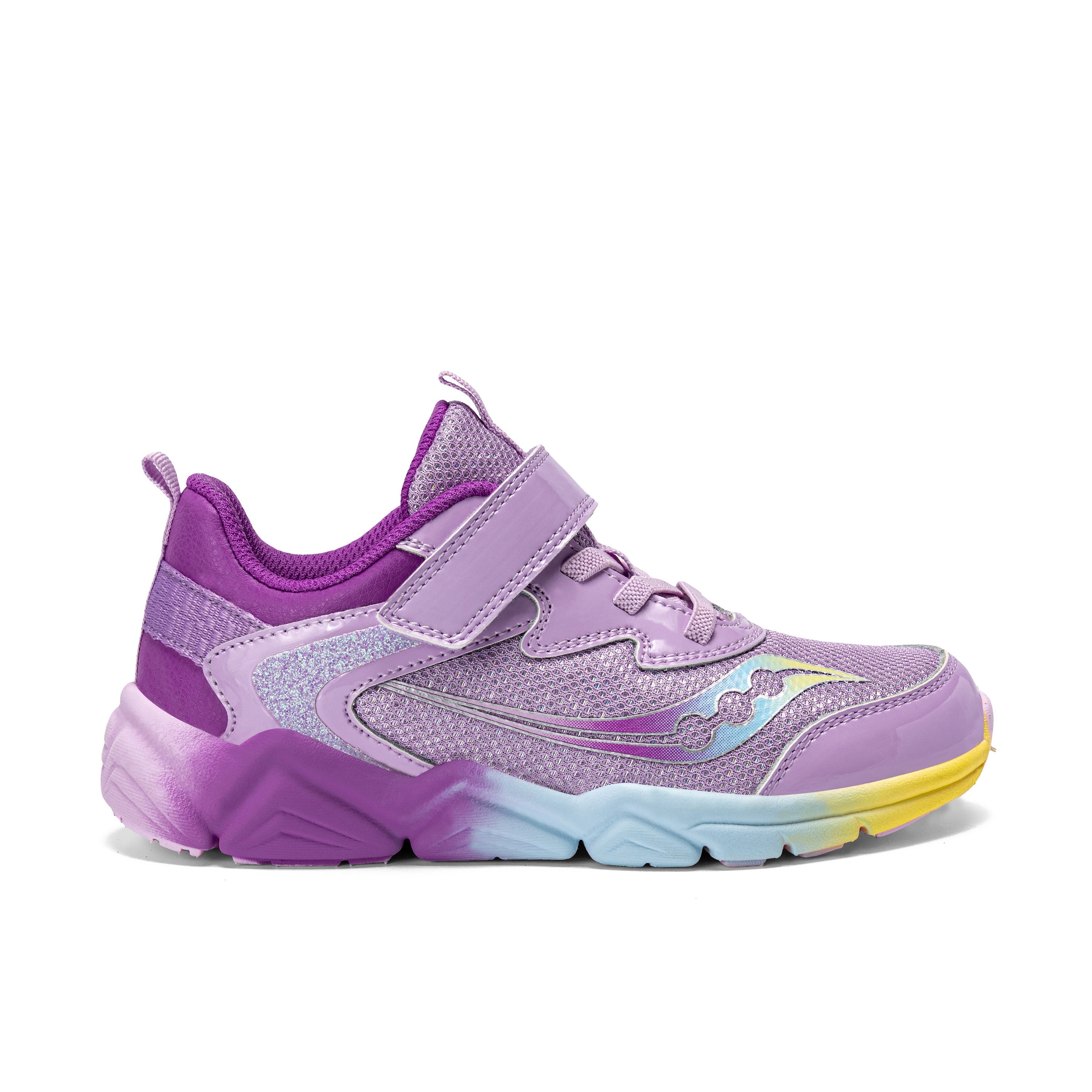 Side view on white background of Kids Saucony Flash LE running shoe in Lilac, Medium (Regular) width