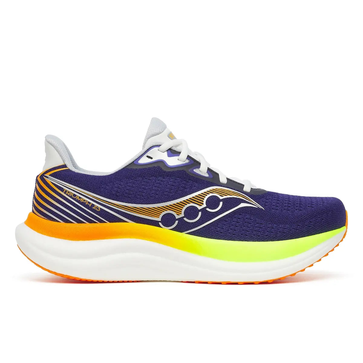 Side view on white background of Mens Saucony Triumph 23 running shoe in Frigid/Citron, Medium (Regular) width