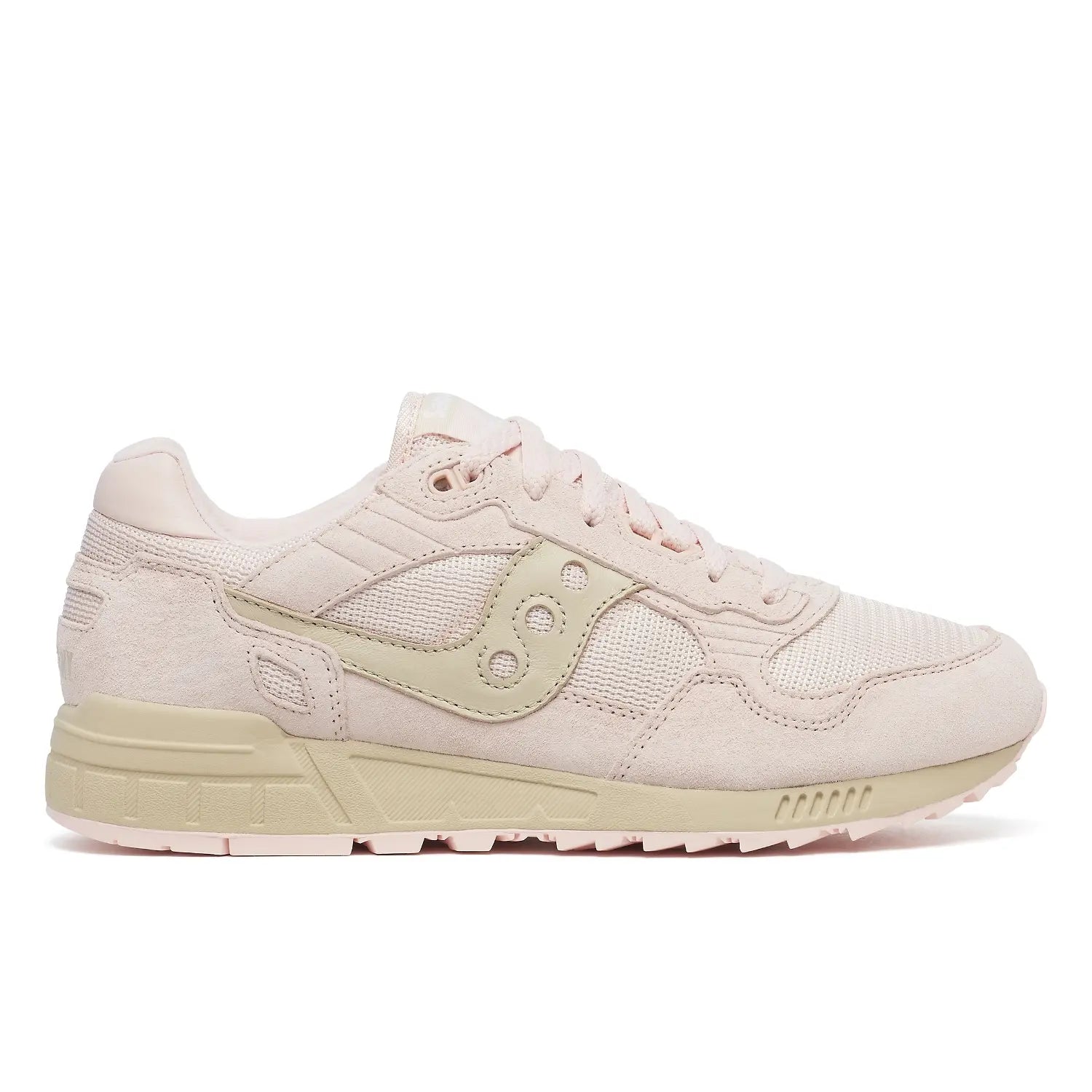 Side view on white background of Mens Saucony Shadow 5000 running shoe in Blush/Ivory, Medium (Regular) width