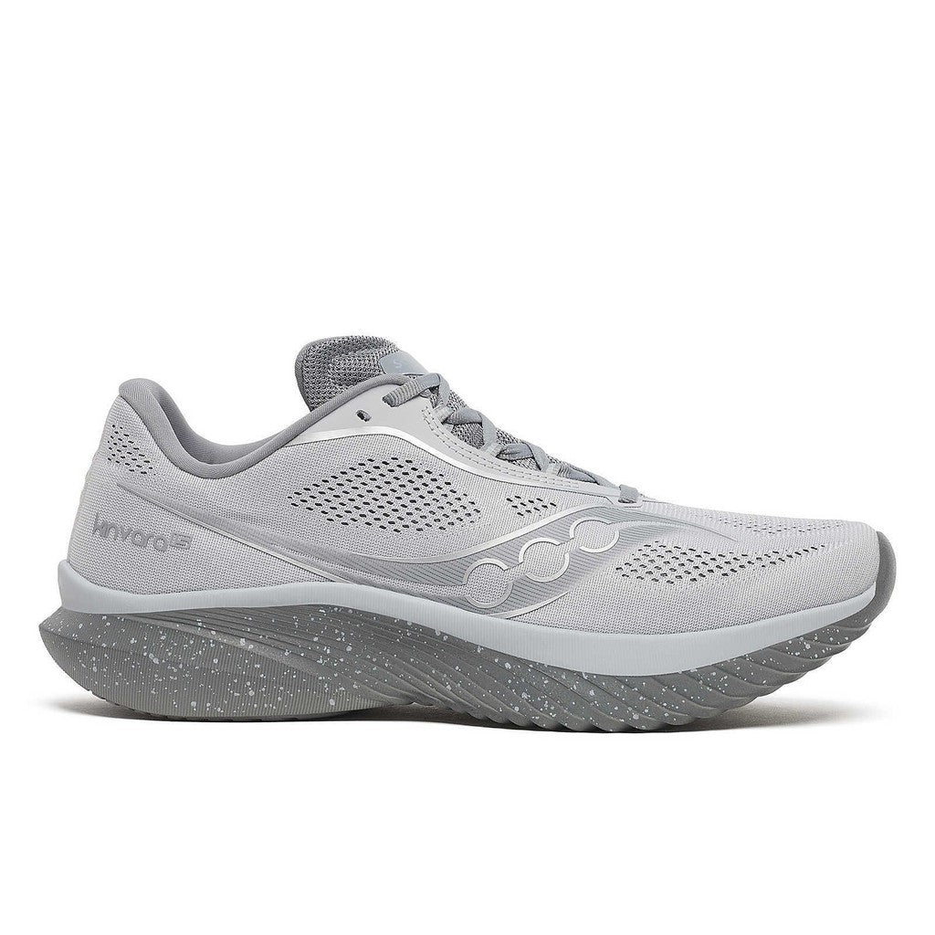 Side view on white background of Mens Saucony Kinvara 15 running shoe in Cloud/Cinder, Medium (Regular) width