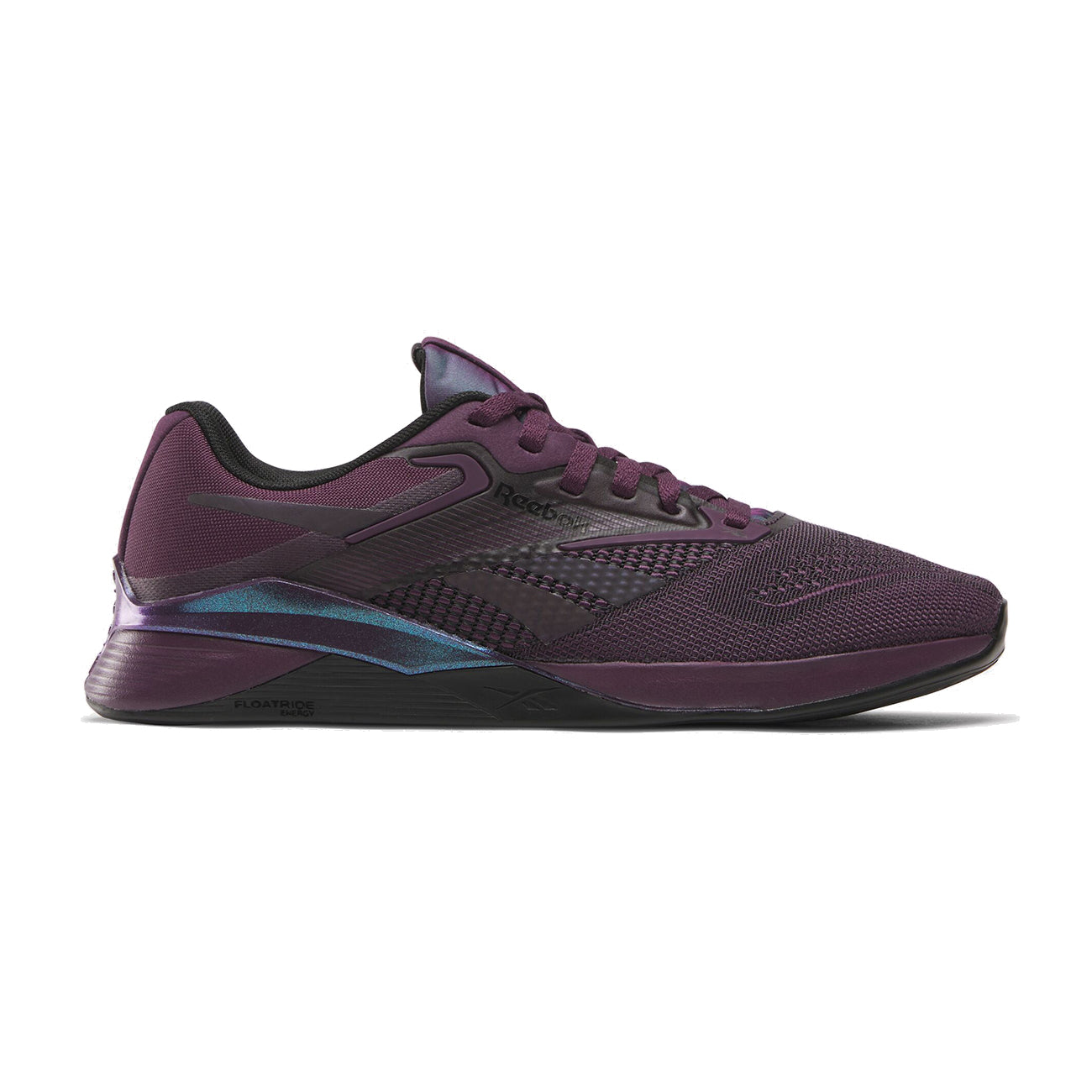 Side view on white background of Womens Reebok Nano X4 running shoe in Black/Midnight Plum/Digital Coral, Medium (Regular) width
