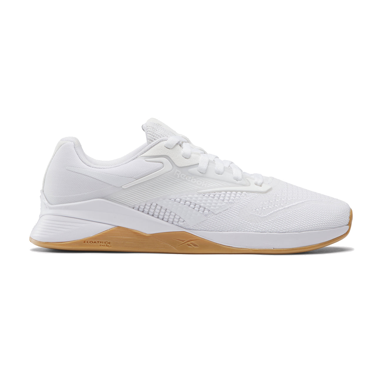 Side view on white background of Womens Reebok Nano X4 running shoe in Footwear White Gum 1/Pure Grey 2, Medium (Regular) width