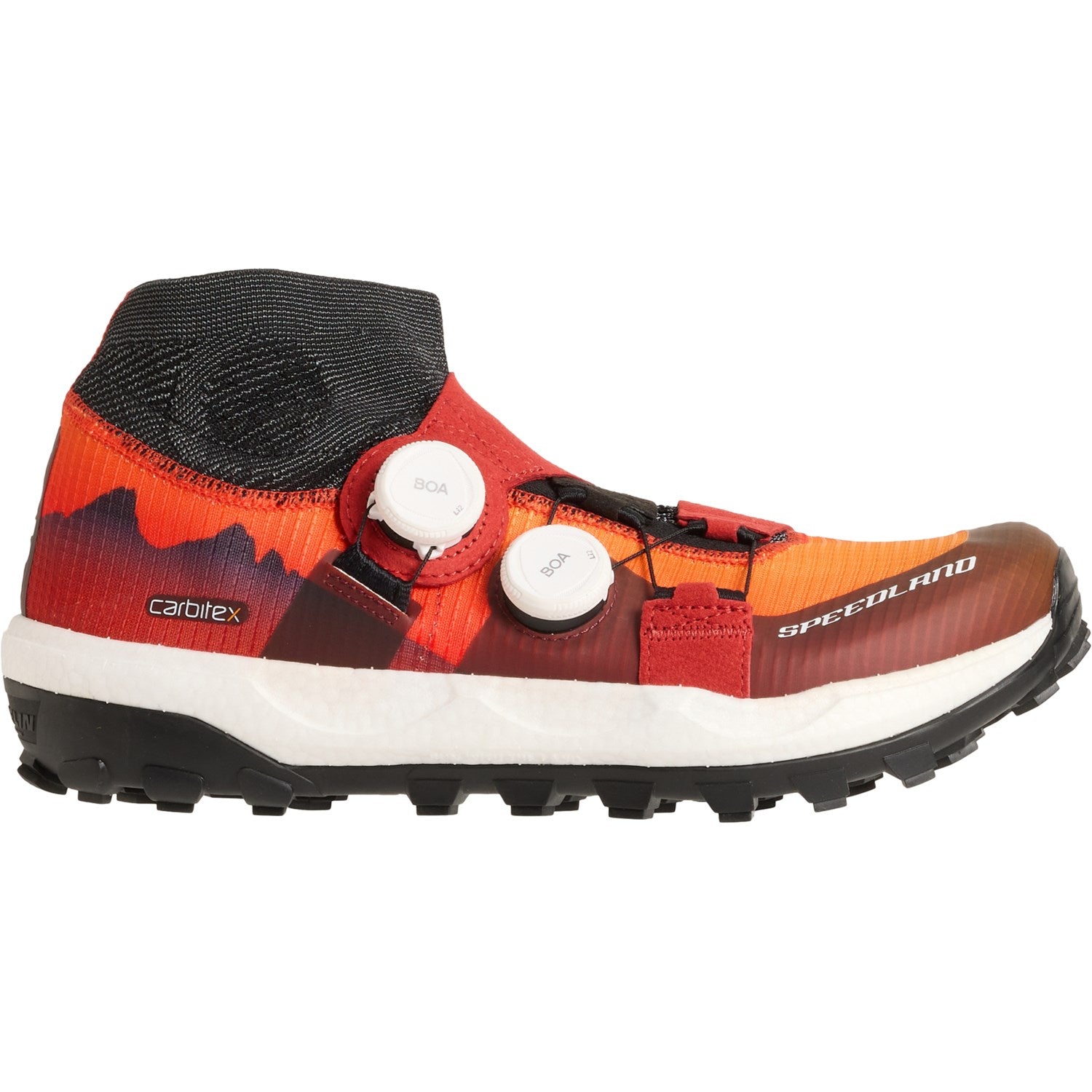 Side view on white background of Unisex Speedland GL:SVT running shoe in Red/Black, Medium (Regular) width