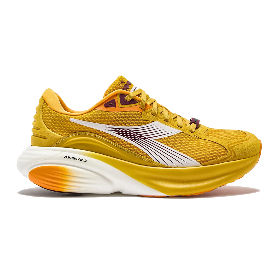 Side view on white background of Mens Diadora Atomo Star running shoe in Spicy Mustard/White, Medium (Regular) width