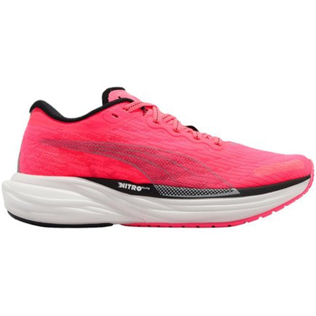 Side view on white background of Womens Puma Deviate Nitro 2 running shoe in Sunset Glow/Puma Black, Medium (Regular) width