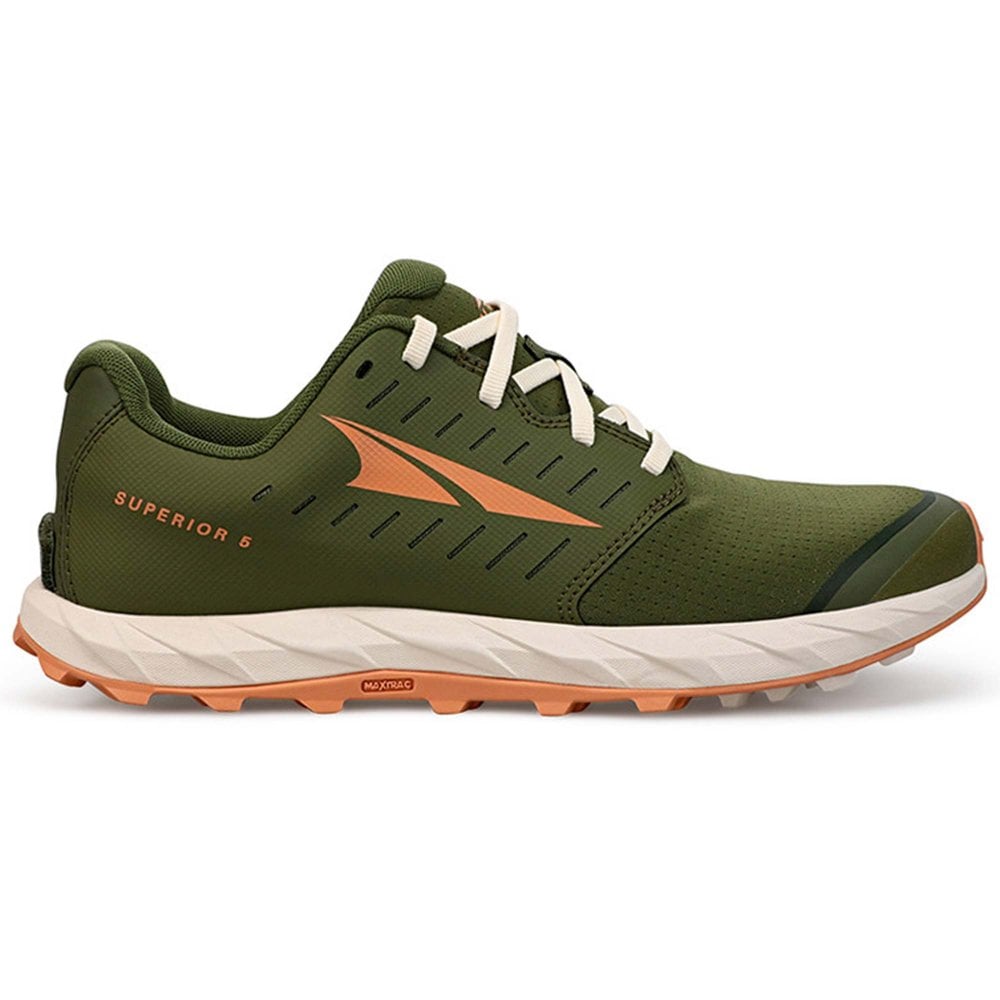 Side view on white background of Womens Altra Superior 5 running shoe in Dusty Olive, Medium (Regular) width