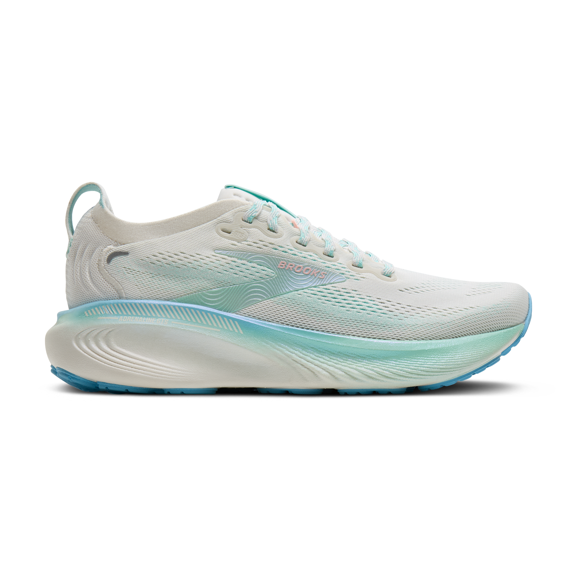 Side view on white background of Womens Brooks Adrenaline GTS 25 running shoe in White/Sea/Aqua, Medium (Regular) width