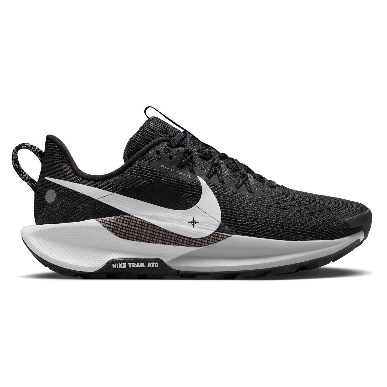 Side view on white background of Womens Nike Pegasus Trail 5 running shoe in Black/White-Anthracite-Wolf Grey, Medium (Regular) width