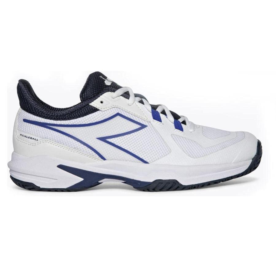 Side view on white background of Mens Diadora Trofeo 2 All Ground running shoe in White/Surf the Web/Blue, Medium (Regular) width