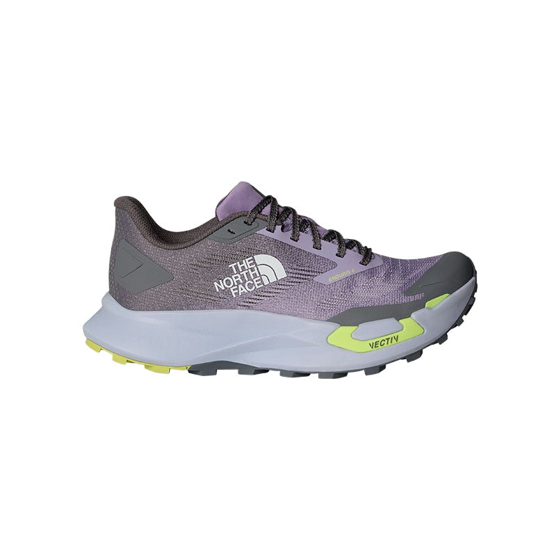 Side view on white background of Womens The North Face Vectiv Enduris 4 running shoe in Lilac Peak/Smoked Pearl, Medium (Regular) width