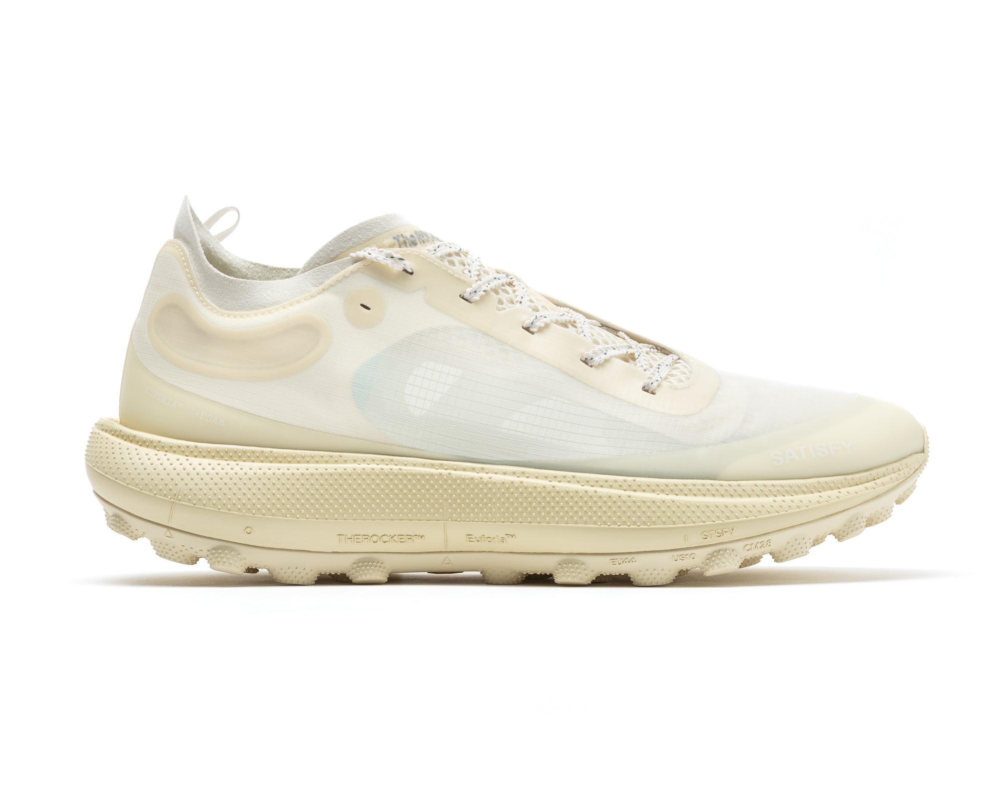 Side view on white background of Mens Satisfy TheRocker running shoe in Antique White, Medium (Regular) width
