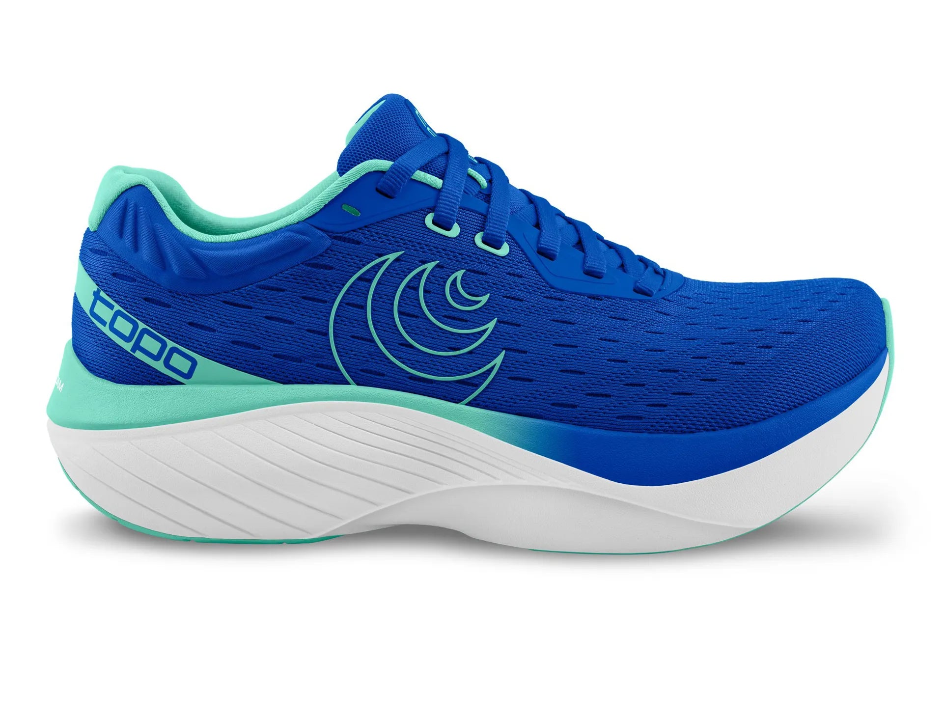Side view on white background of Womens Topo Athletic Atmos running shoe in Blue/Aqua, Medium (Regular) width