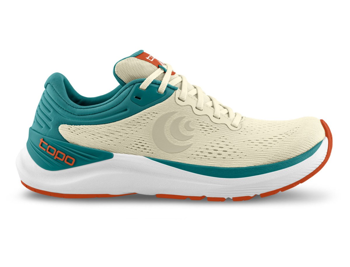 Side view on white background of Mens Topo Athletic Ultrafly 4 running shoe in Sand/Ocean, Medium (Regular) width
