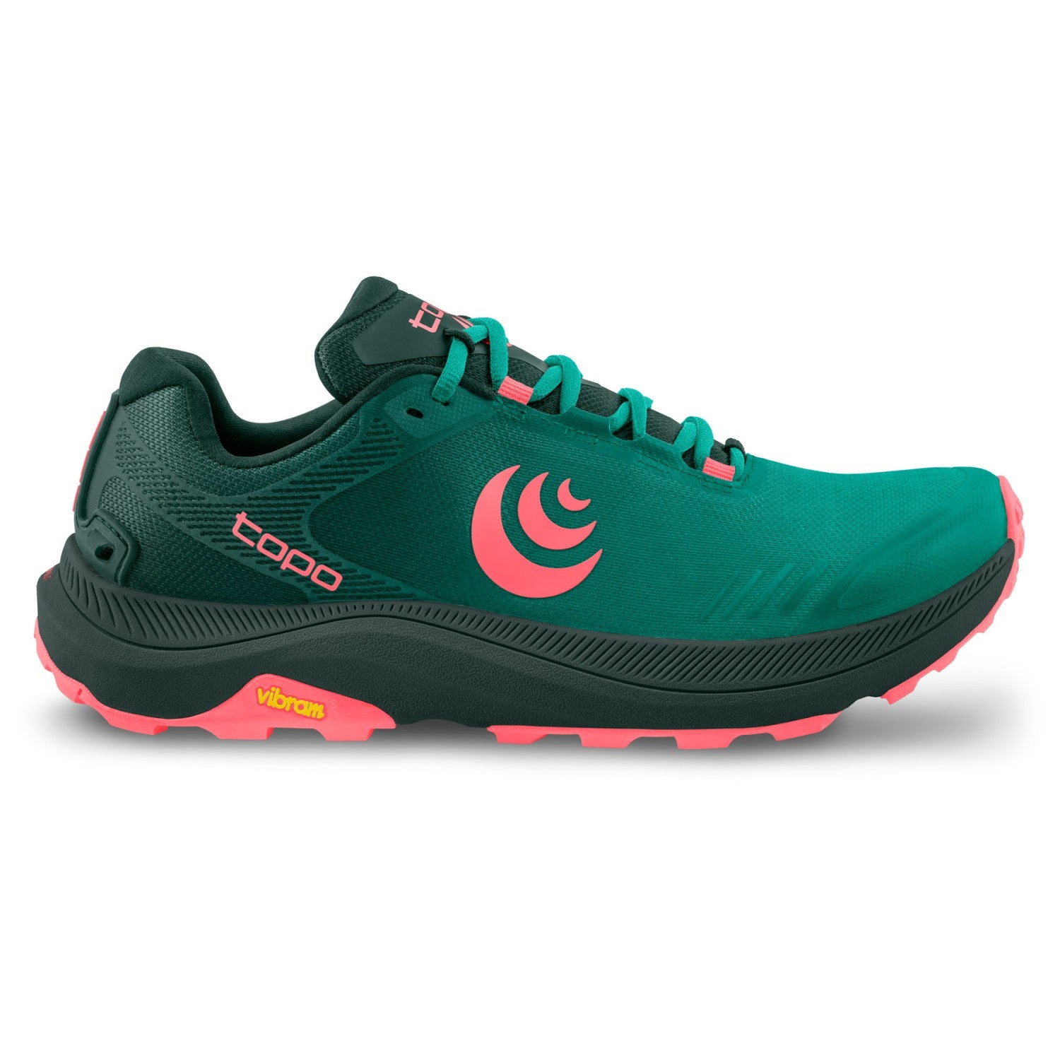 Side view on white background of Womens Topo Athletic MT-5 running shoe in Emerald/Pink, Medium (Regular) width