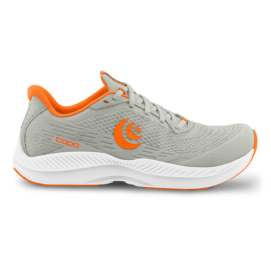 Side view on white background of Mens Topo Athletic Fli-Lyte 5 running shoe in Grey/Orange, Medium (Regular) width