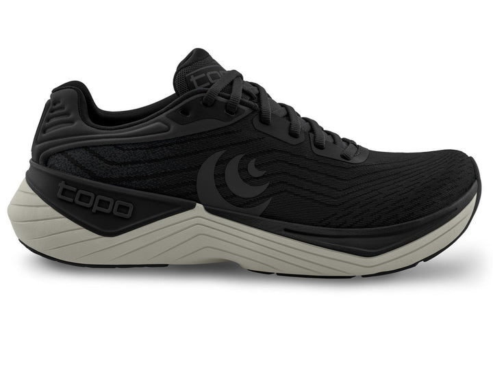 Side view on white background of Mens Topo Athletic Ultrafly 5 running shoe in Black/Charcoal, Medium (Regular) width