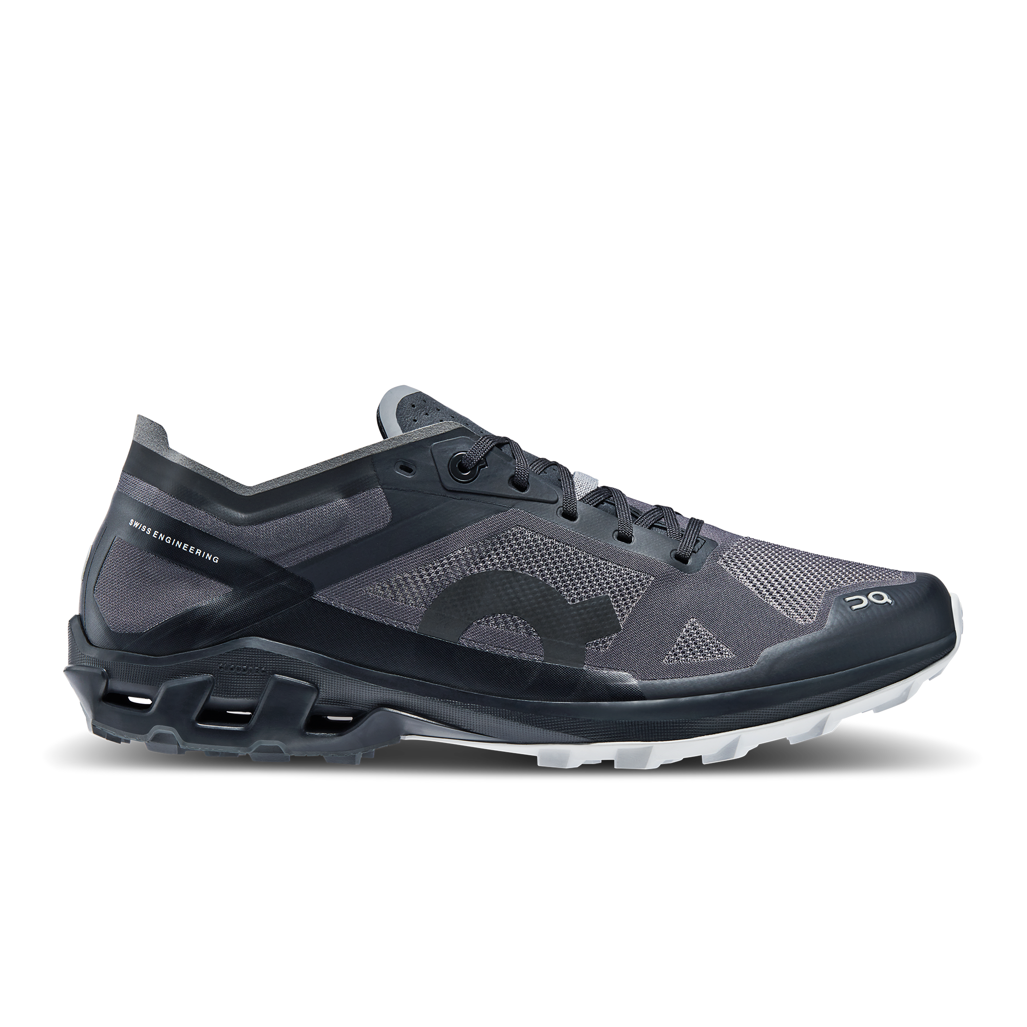 Side view on white background of Mens On Cloudventure Peak 3 running shoe in Black/Glacier, Medium (Regular) width
