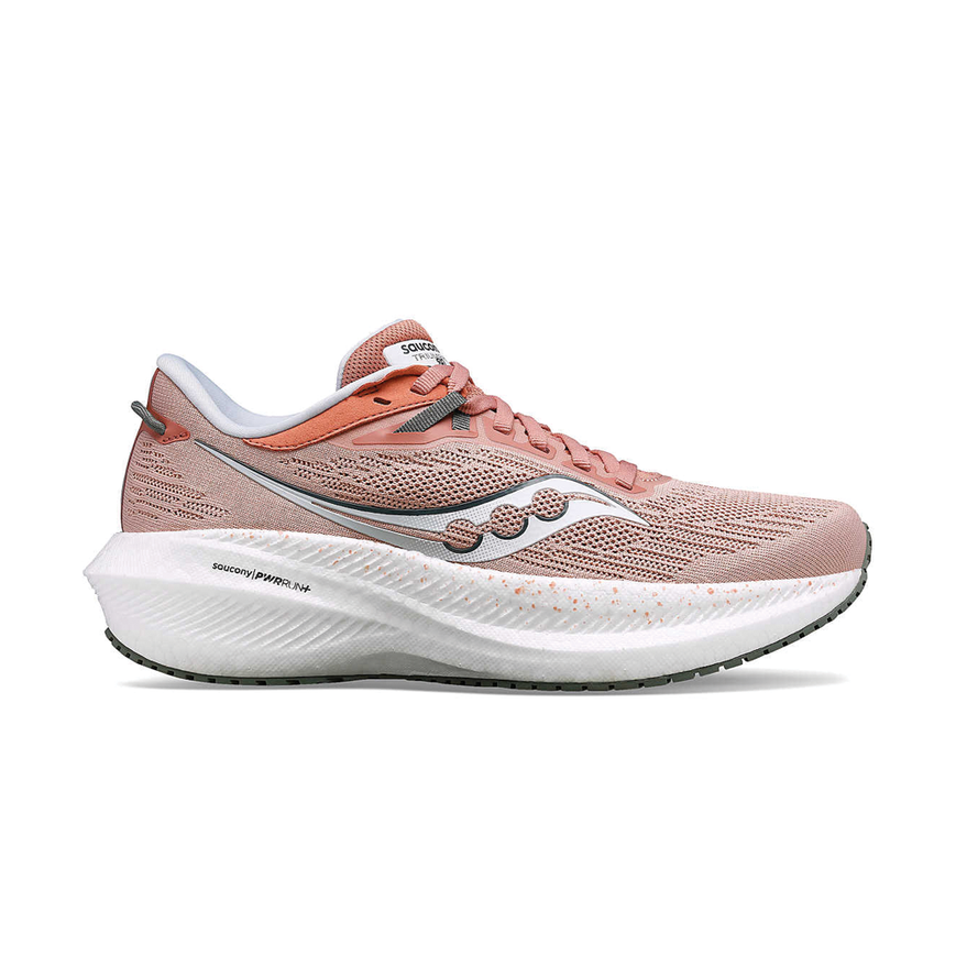 Side view on white background of Womens Saucony Triumph 21 running shoe in Lotus/Bough, Medium (Regular) width