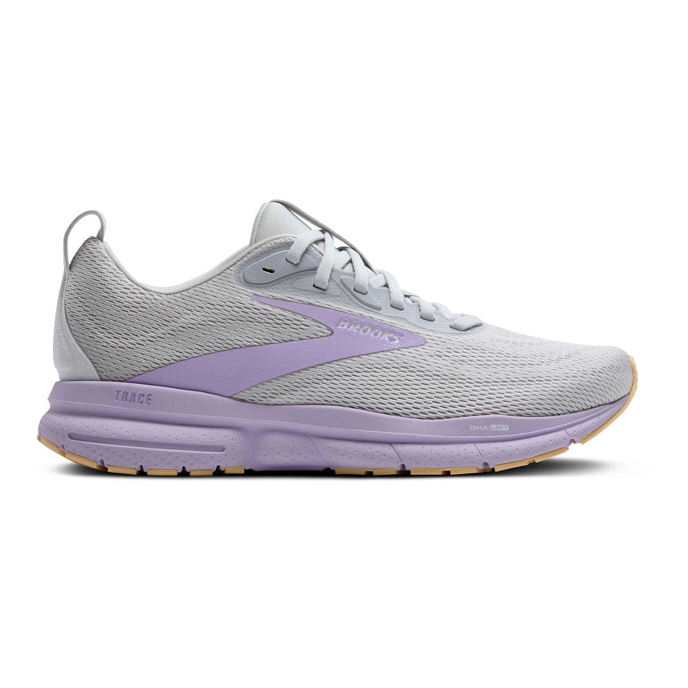 Side view on white background of Womens Brooks Trace 4 running shoe in Oyster/Purple/Sherbert, Medium (Regular) width