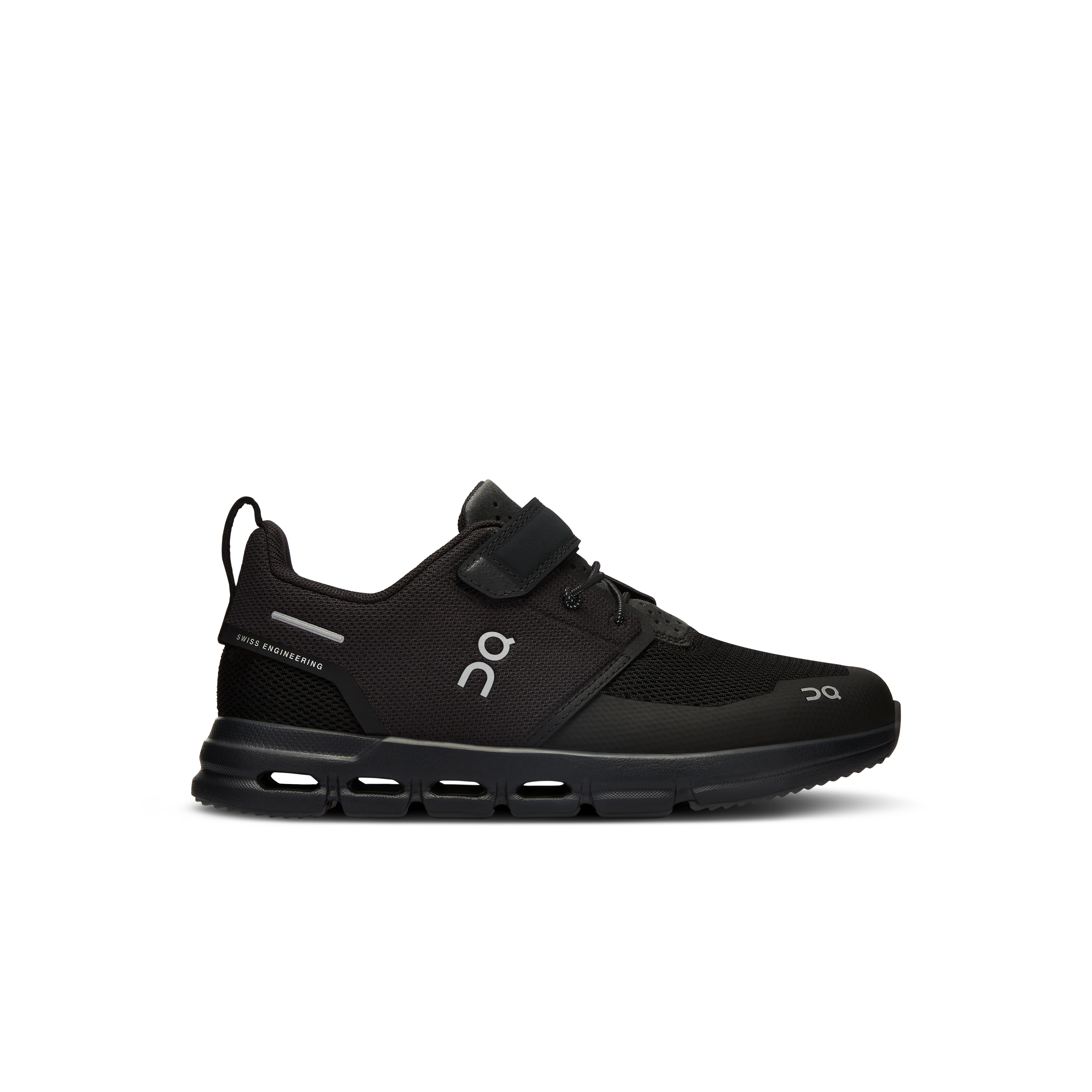 Side view on white background of Kids On shoe in All Black, Medium (Regular) width