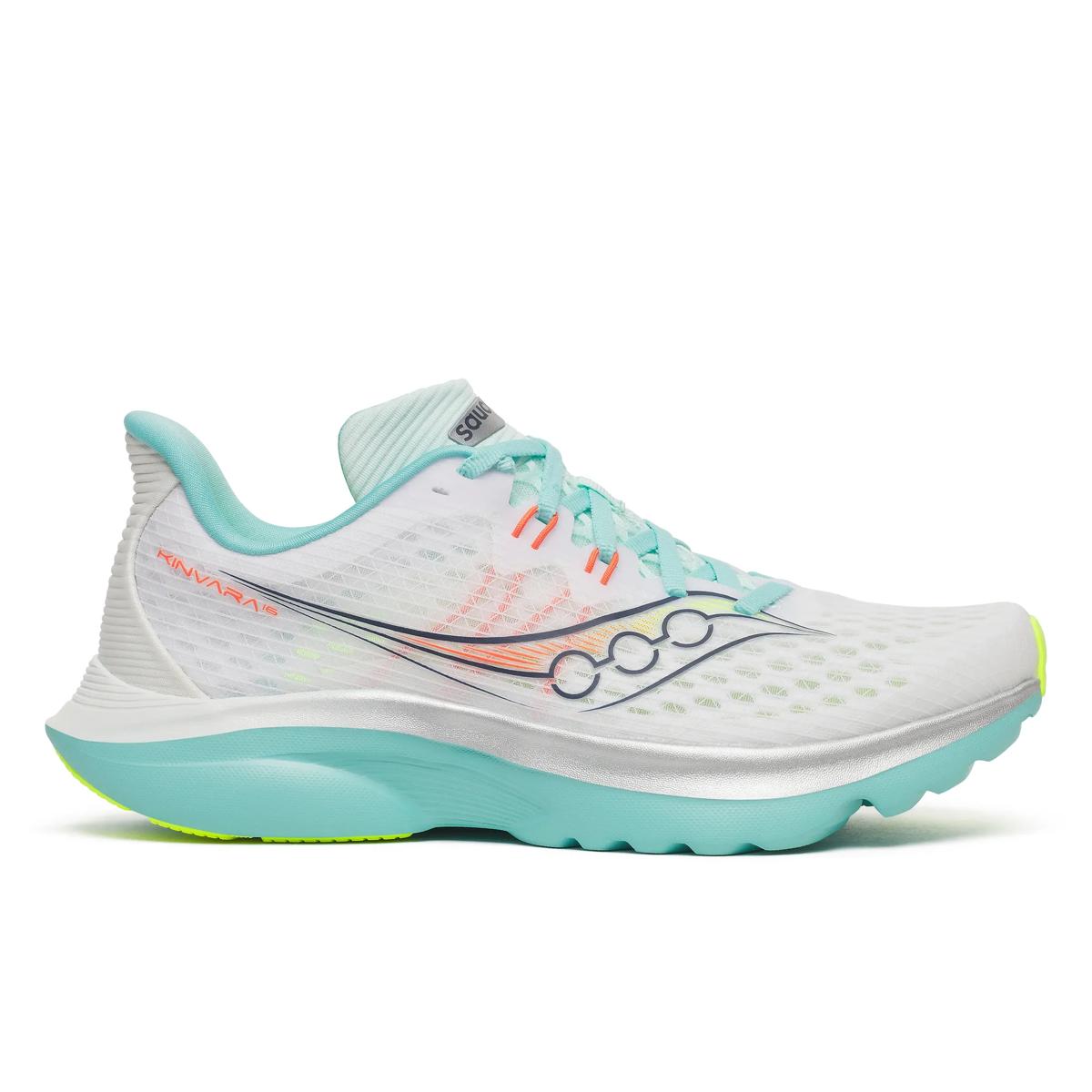 Side view on white background of Womens Saucony Kinvara 16 running shoe in White/Aqua, Medium (Regular) width