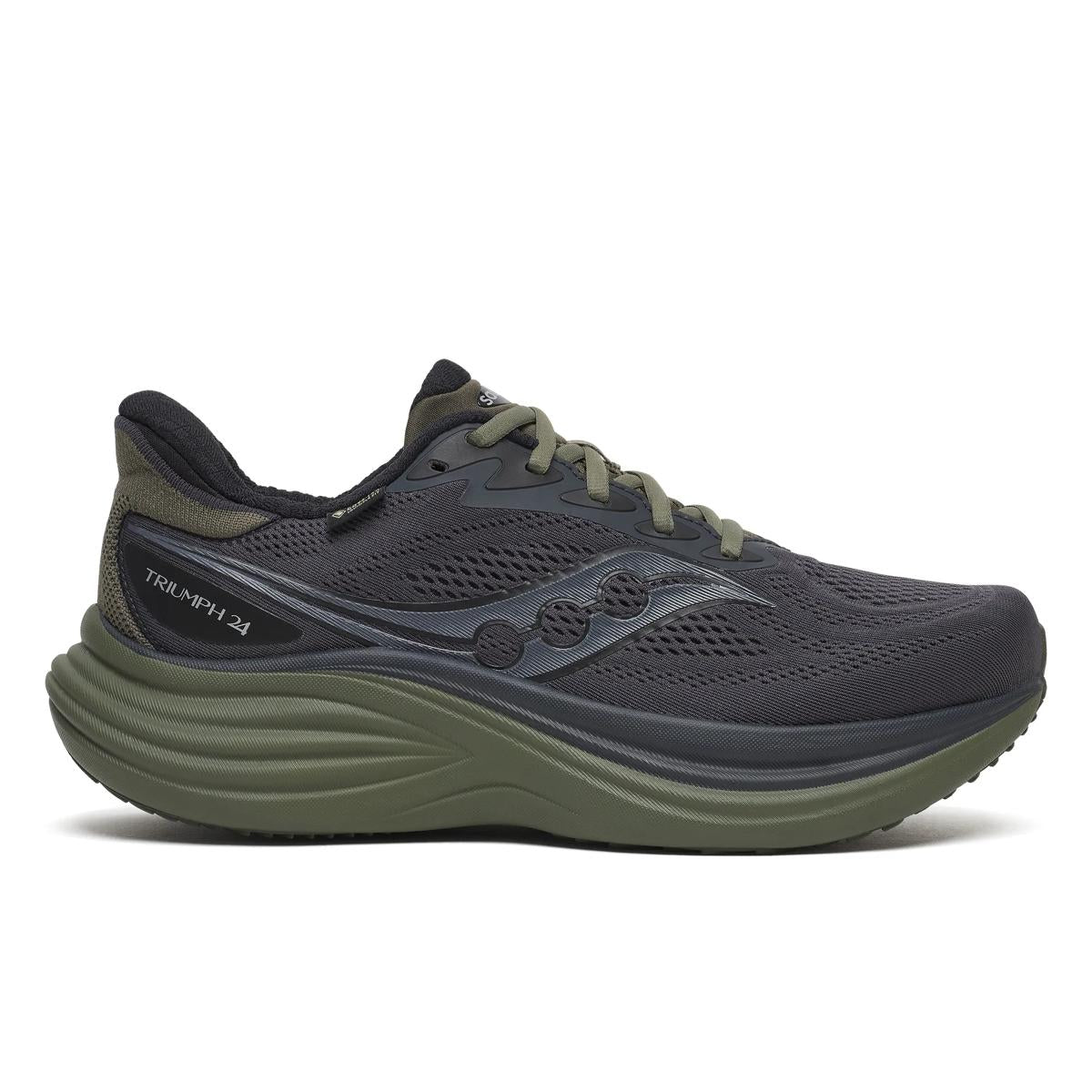 Side view on white background of Mens Saucony Triumph 24 GTX running shoe in Ebony/Fatigue, Medium (Regular) width