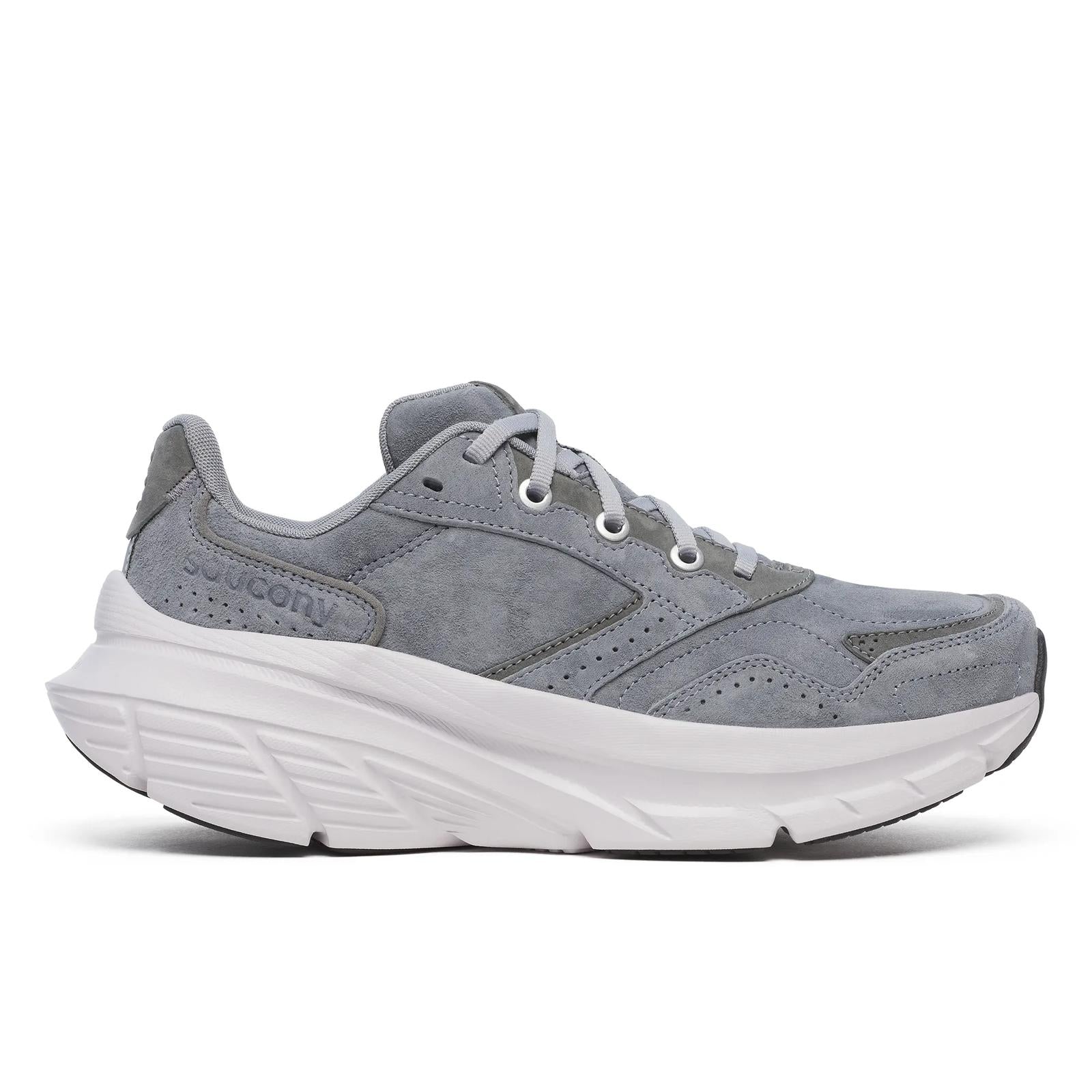 Side view on white background of Womens Saucony Guide Metro LE running shoe in Cloud, Medium (Regular) width