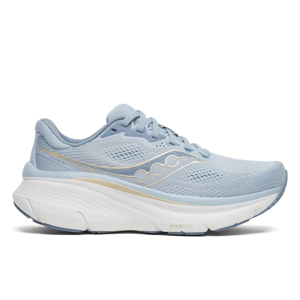 Side view on white background of Womens Saucony Guide 19 running shoe in Celestial, Wide width