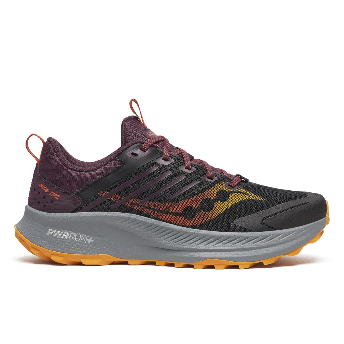 Side view on white background of Mens Saucony Ride TR2 running shoe in Black/Autumn, Medium (Regular) width
