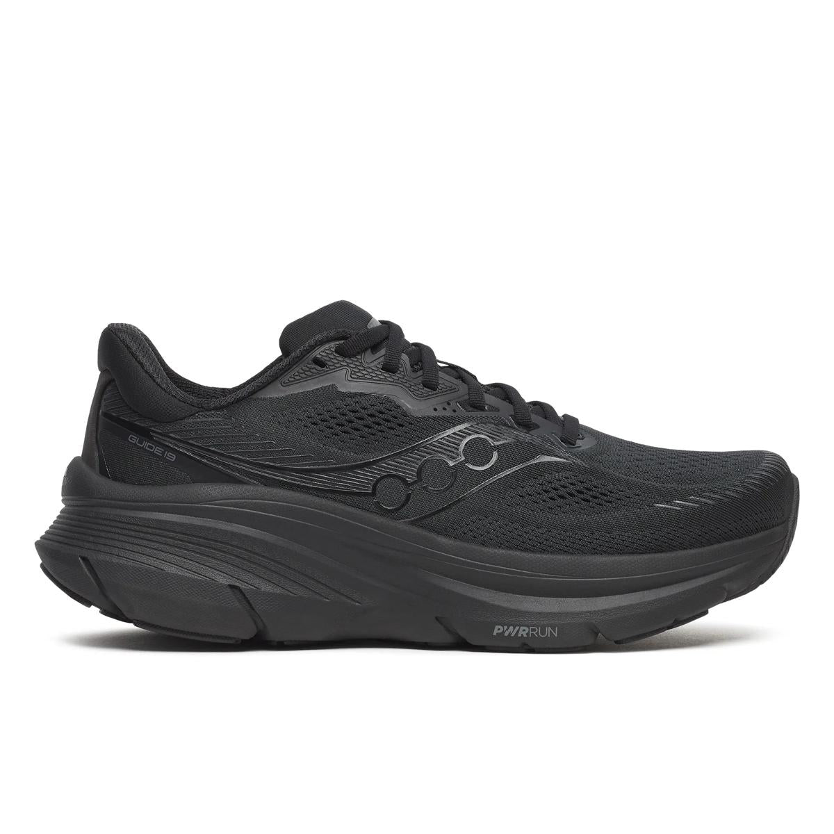 Side view on white background of Mens Saucony Guide 19 running shoe in Triple Black, Wide width