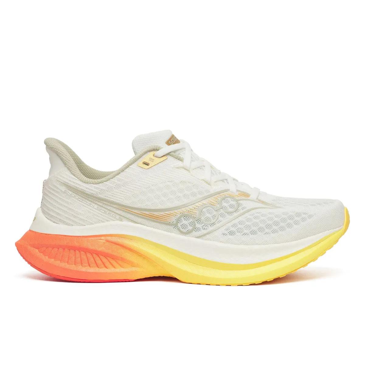 Side view on white background of Mens Saucony Endorphin Speed 5 running shoe in Ivory/Fire, Wide width