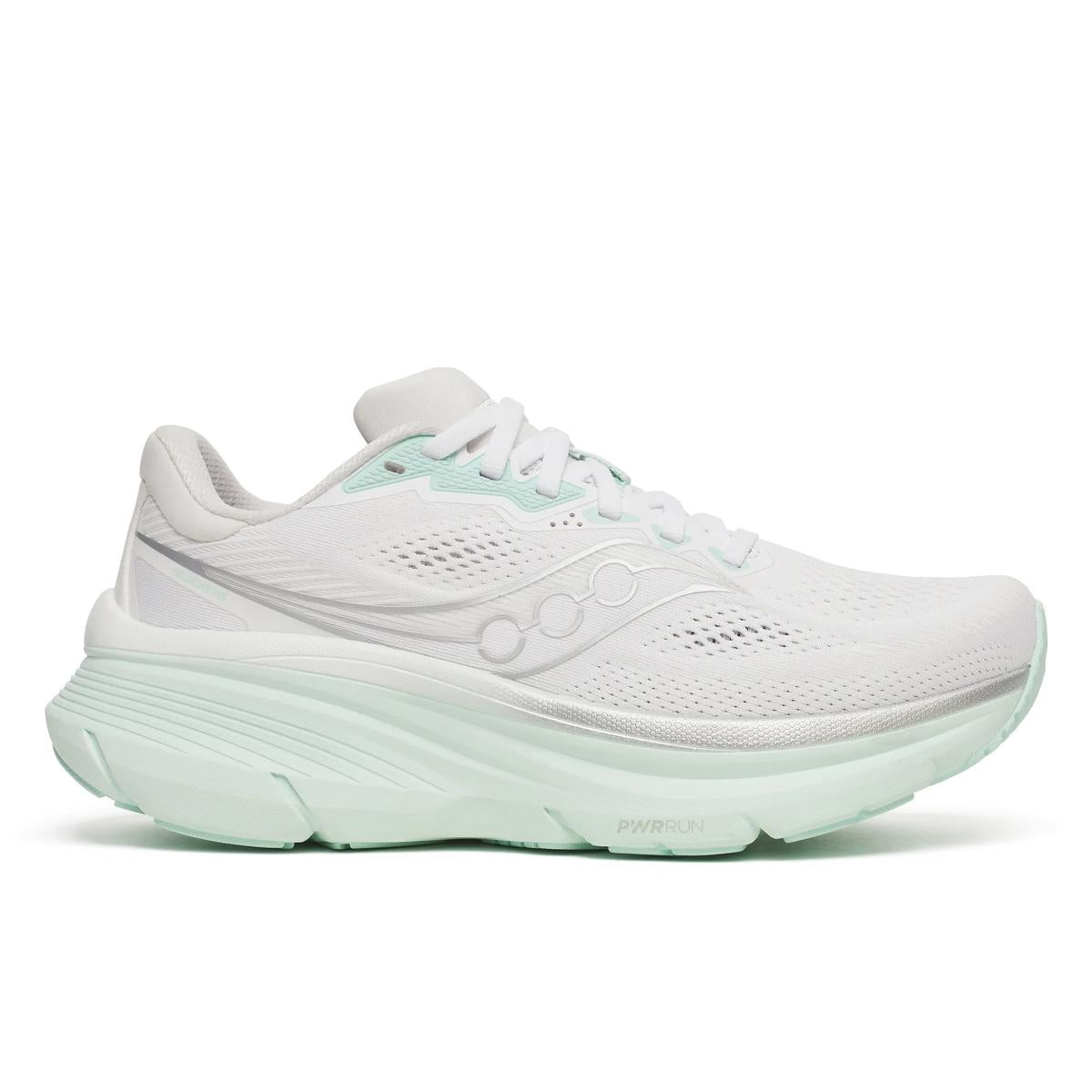 Side view on white background of Womens Saucony Guide 19 running shoe in White/Hush, Wide width