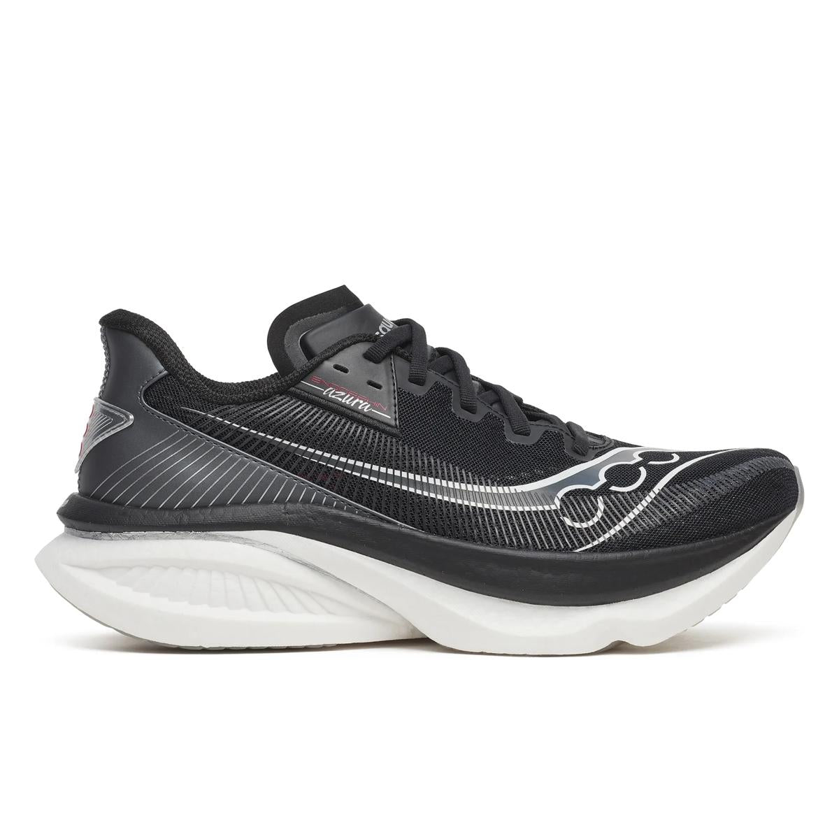 Side view on white background of Mens Saucony Endorphin Azura running shoe in Black/White, Medium (Regular) width