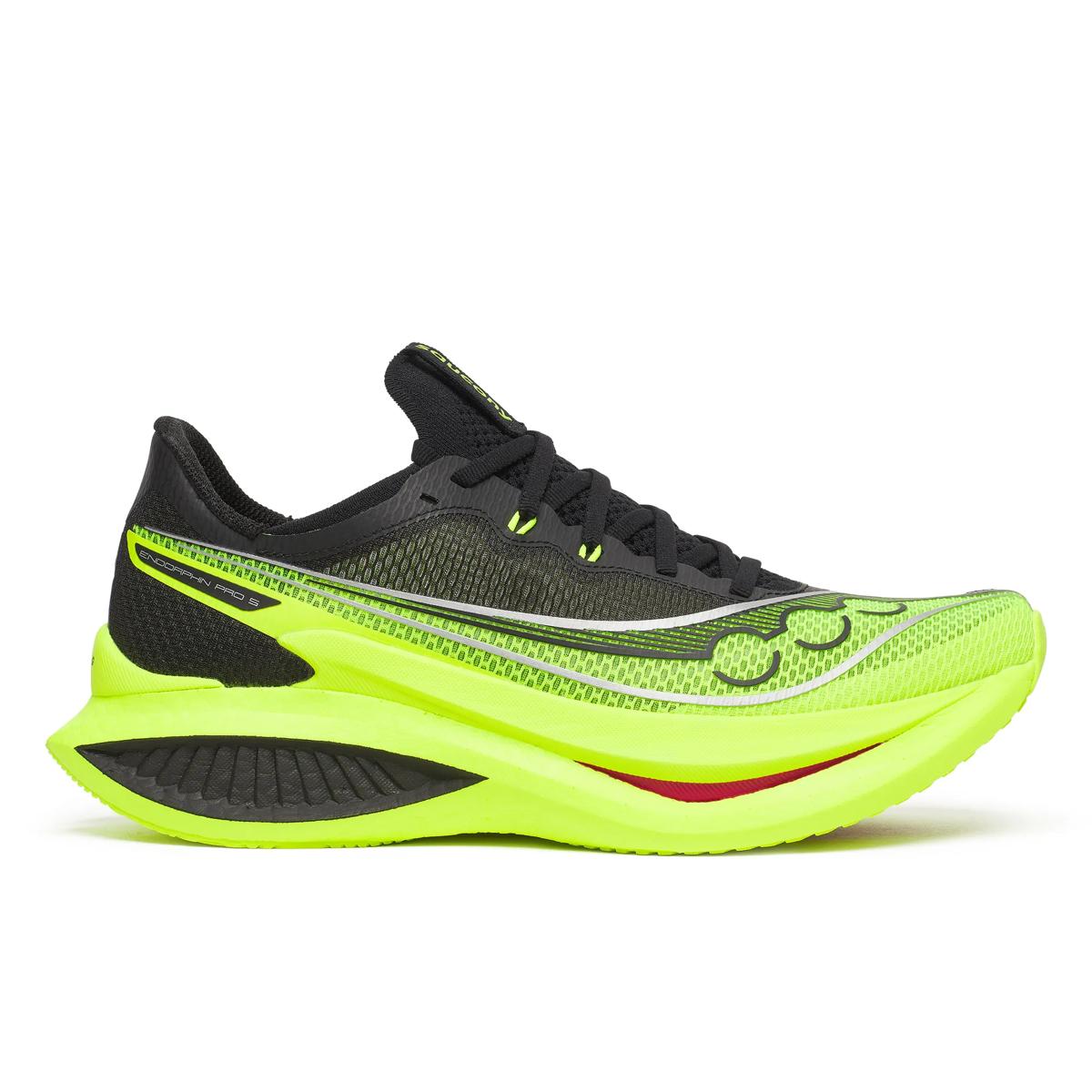Side view on white background of Mens Saucony Endorphin Pro 5 running shoe in Citron/Black, Medium (Regular) width