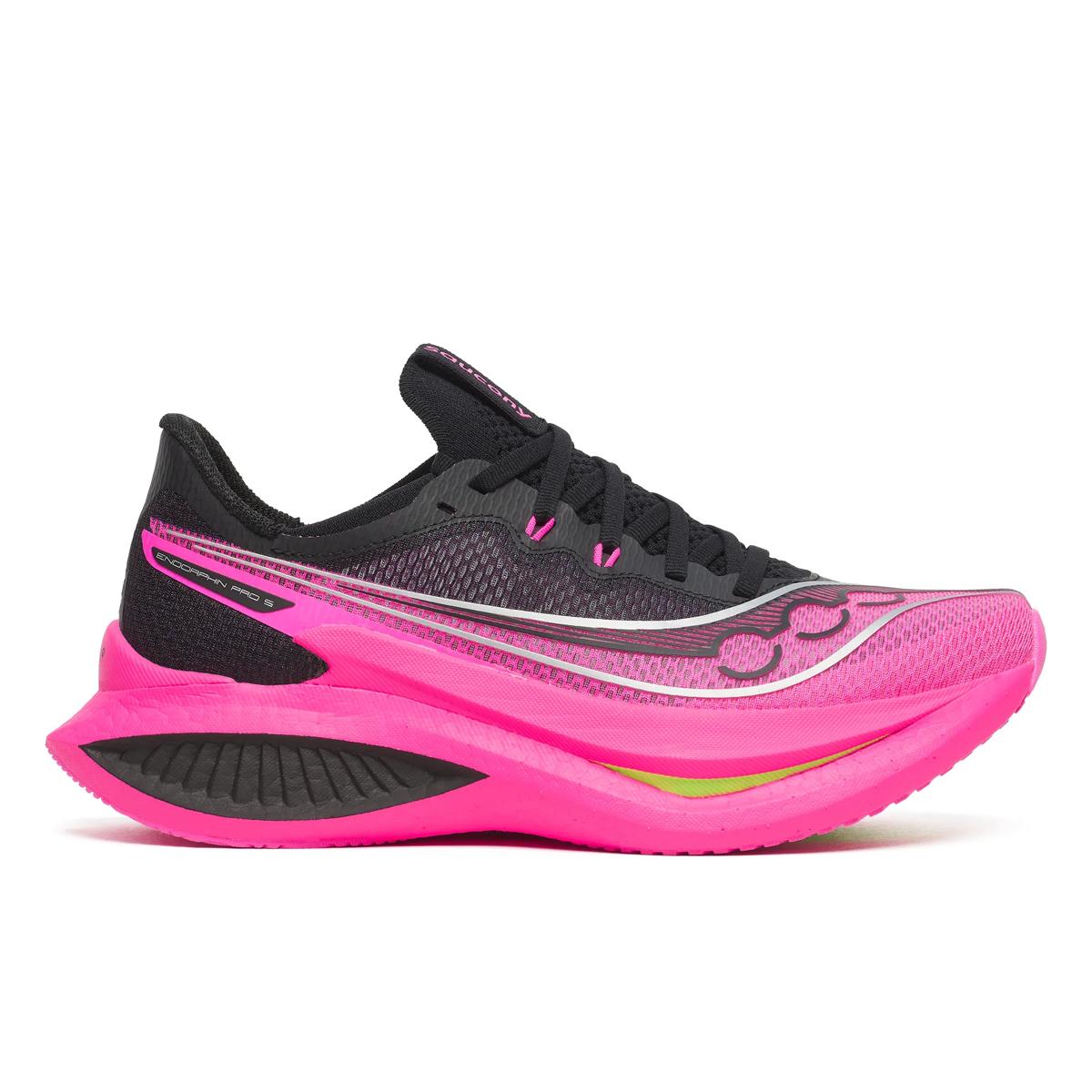 Side view on white background of Mens Saucony Endorphin Pro 5 running shoe in Black/Shock, Medium (Regular) width