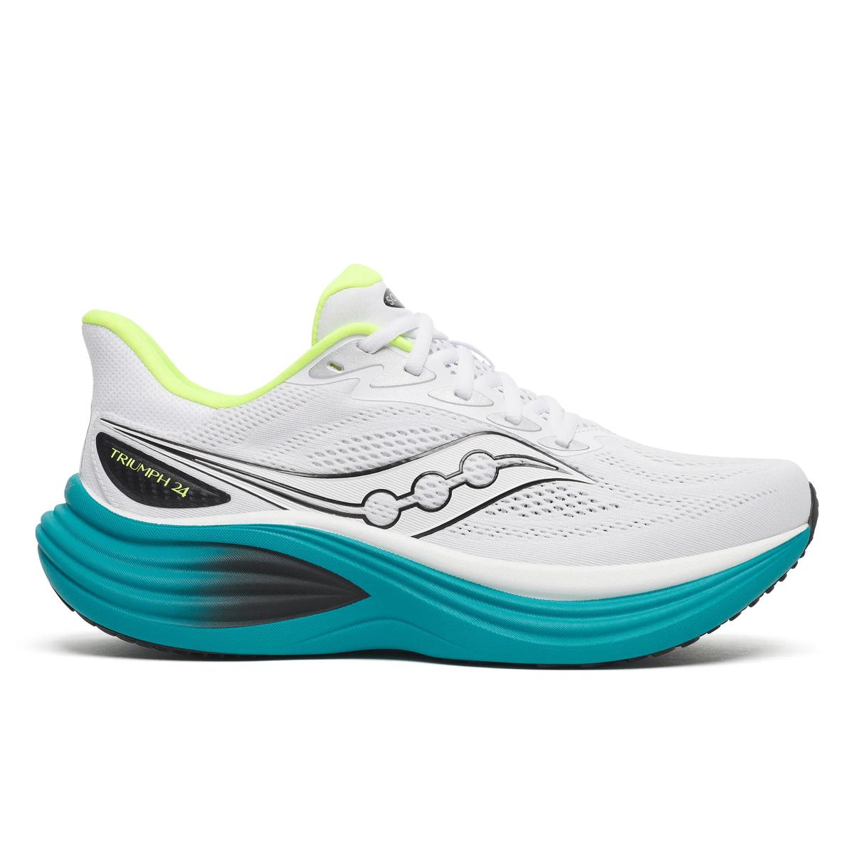 Side view on white background of Mens Saucony Triumph 24 running shoe in White/Tranquil, Medium (Regular) width