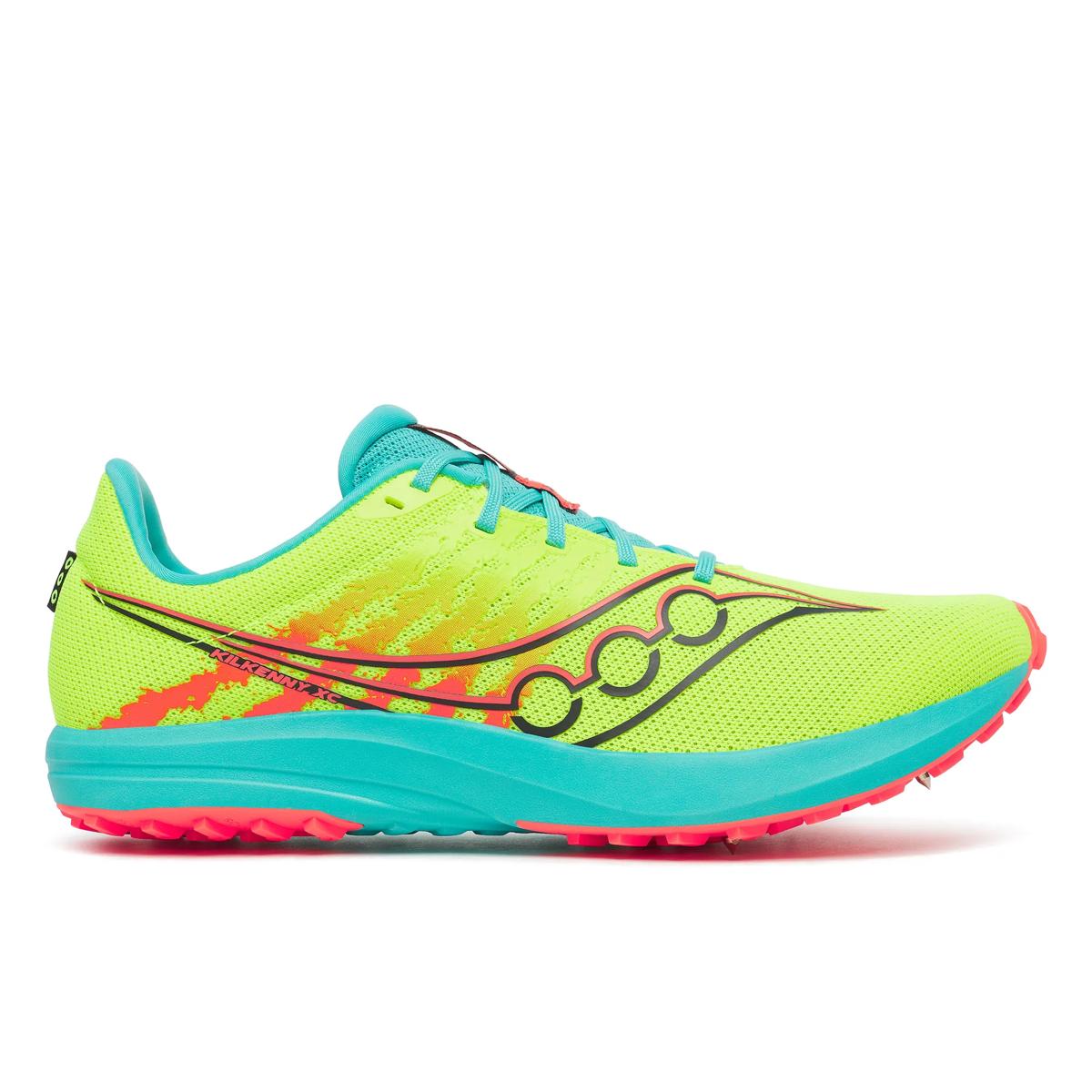 Side view on white background of Womens Saucony Kilkenny XC 10 Spike running shoe in Citron/Mutant, Medium (Regular) width