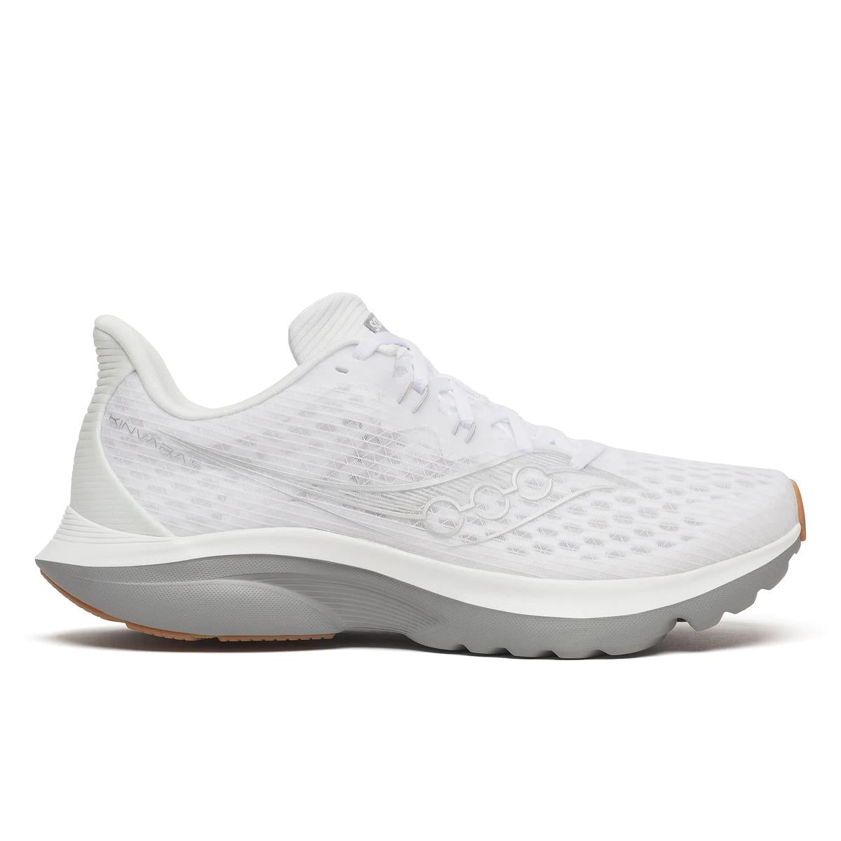 Side view on white background of Mens Saucony Kinvara 16 running shoe in White/Gum, Medium (Regular) width