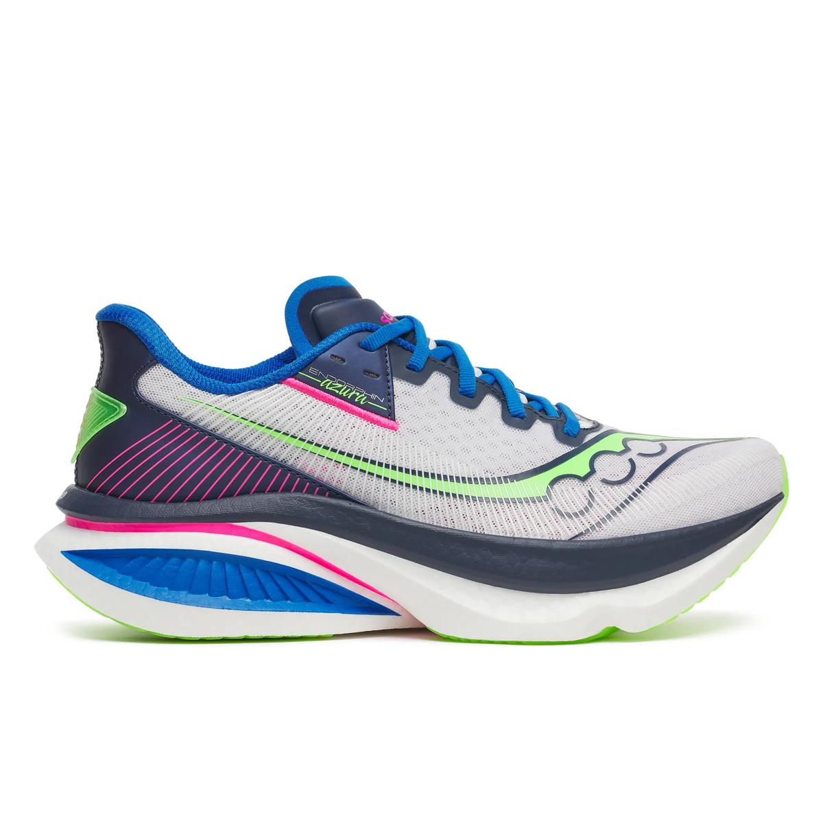 Side view on white background of Mens Saucony Endorphin Azura running shoe in White/Navy, Medium (Regular) width